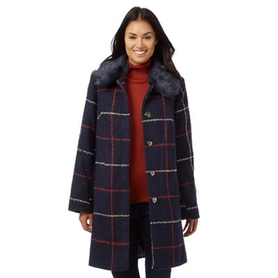 The Collection Navy check faux fur collar coat